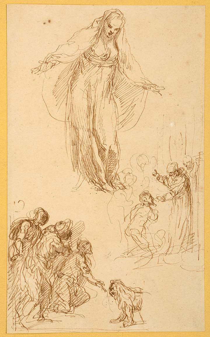 A Sheet of Figure Studies with the Virgin or a Female Saint, A Man Kneeling Before a Saint, and Several Figures Before a Lion